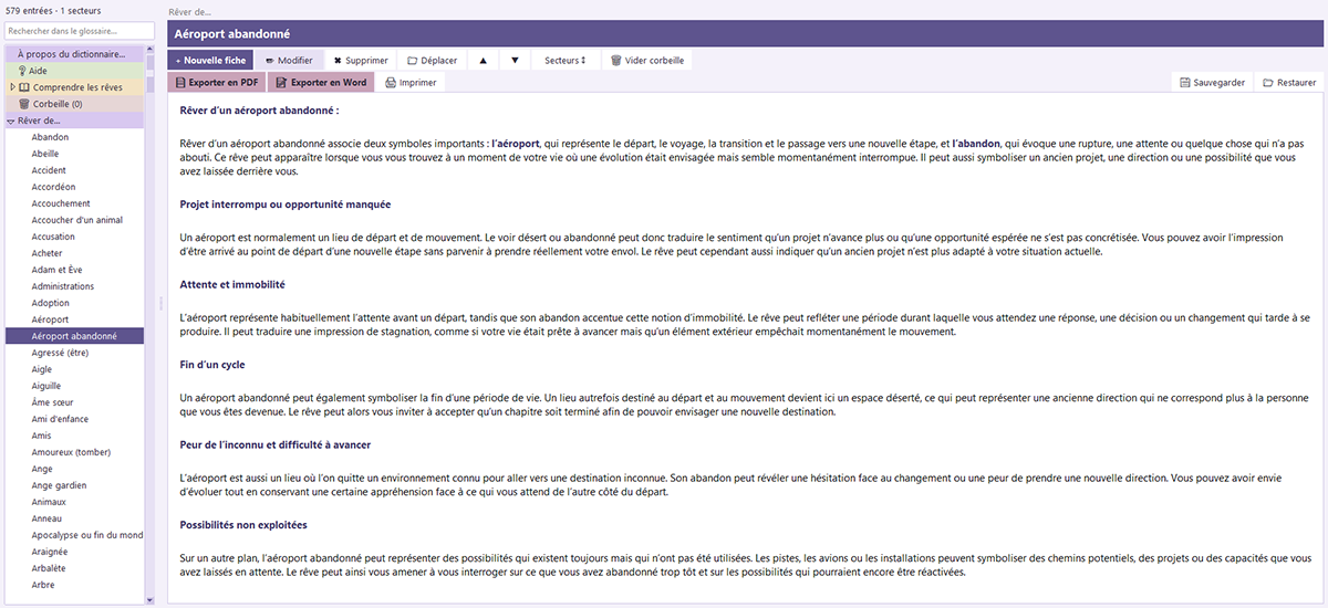 Vue d'ensemble du Dictionnaire des Rêves